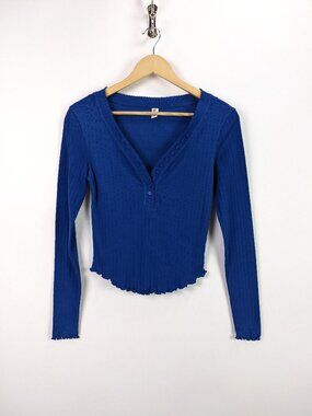 BP. Womens V-neck with Open Button-detail Placket Long Sleeve Top Royal blue - S
